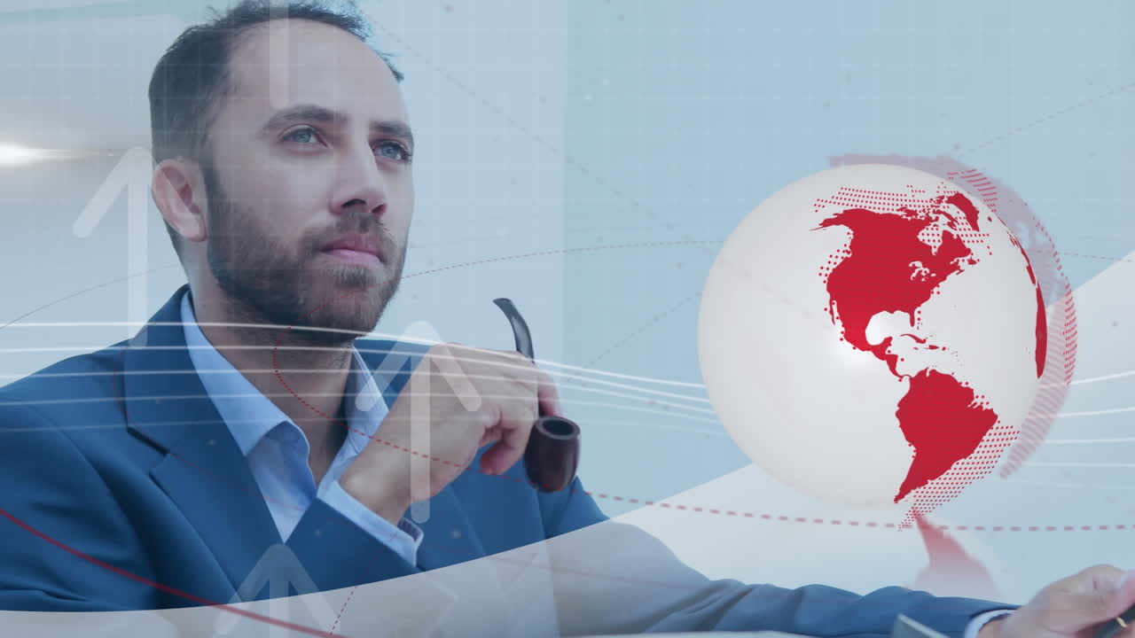 지구의 애니메이션과 카우카시안 사업가 글쓰기에 대한 데이터 처리