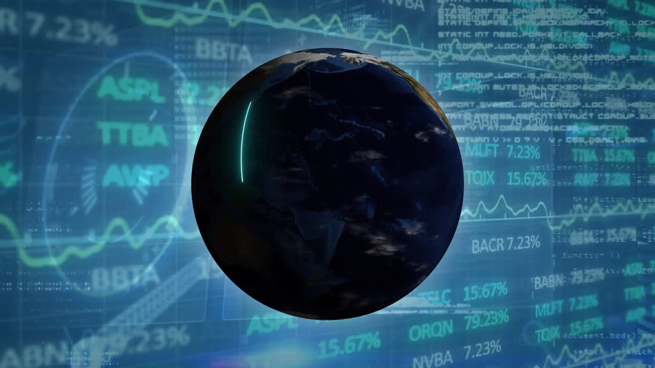 Animazione di scie luminose su un globo rotante con elaborazione di dati statistici e di borsa in sottofondo