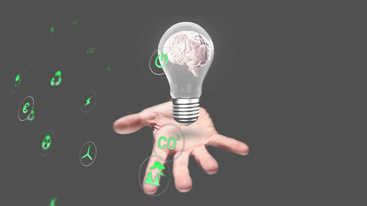 Holding light bulb with brain inside, surrounded by green energy animation icons