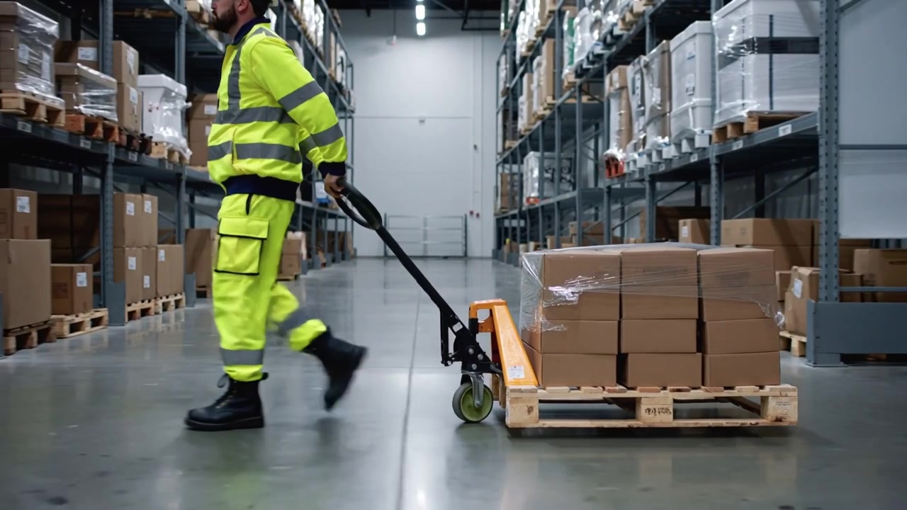 Magazziniere che entra nell'inquadratura, tira un transpallet arancione carico nel corridoio verso la porta, alta visibilità, spazio per il testo.