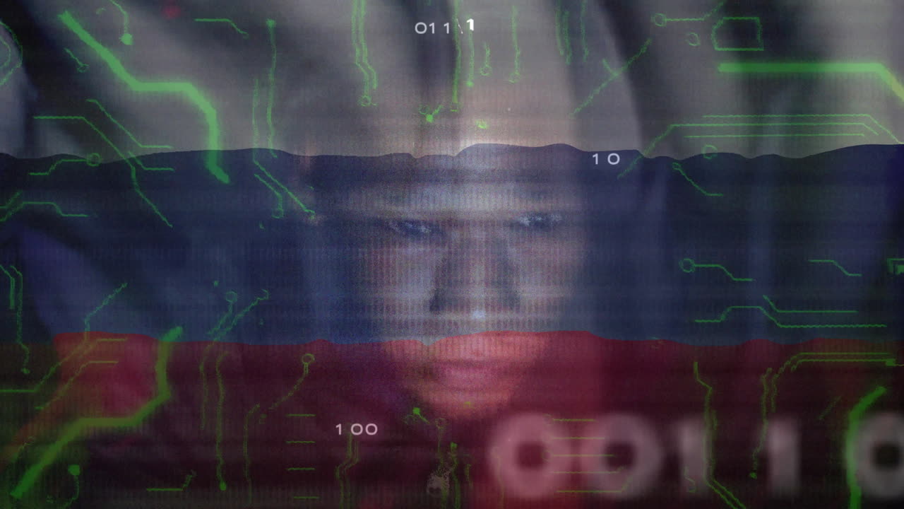 Digital circuit animation over focused person with Russian flag and binary code