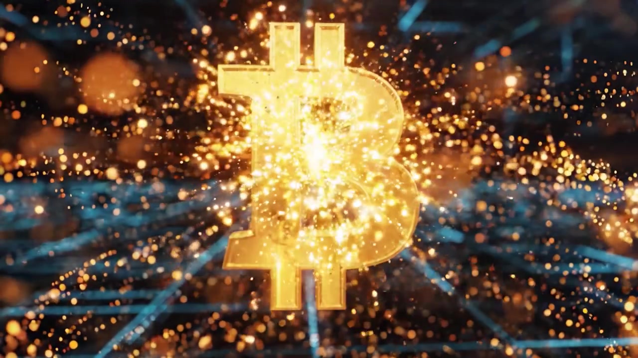 Una Visualizzazione Mozzafiato dell'Innovazione delle Criptovalute: Il Simbolo Dorato di Bitcoin Che Illumina la Frontiera Digitale con Scintille e Motivi Astratti