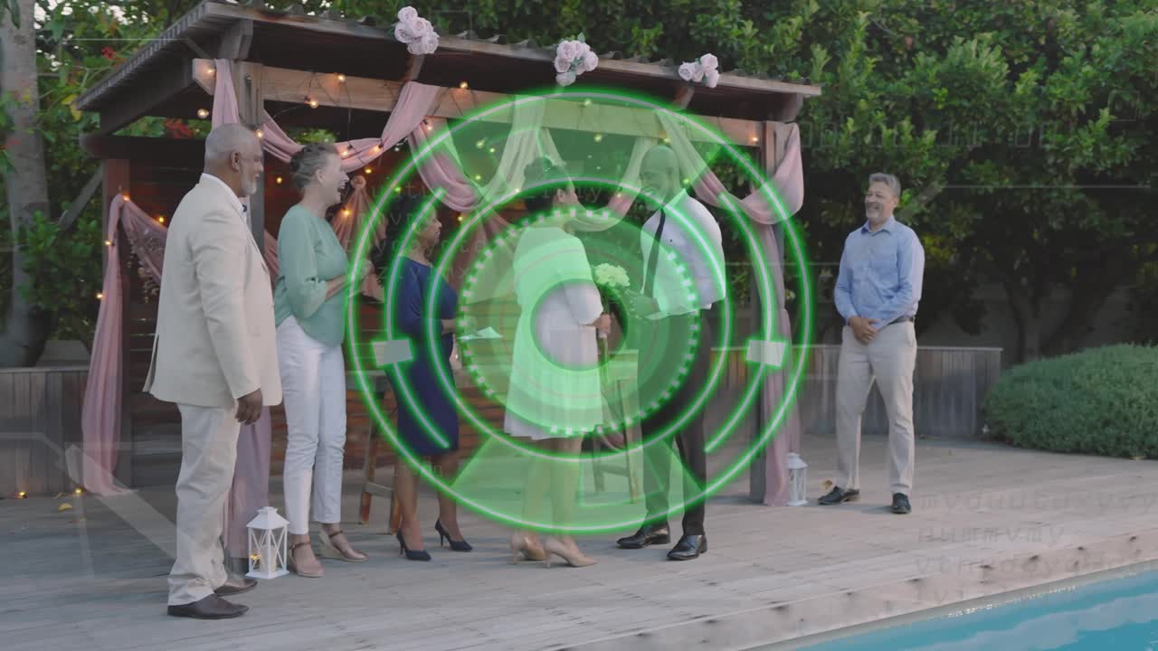 Bride tossing bouquet toward guests reaching, green HUD partially obscuring view for wedding ritual