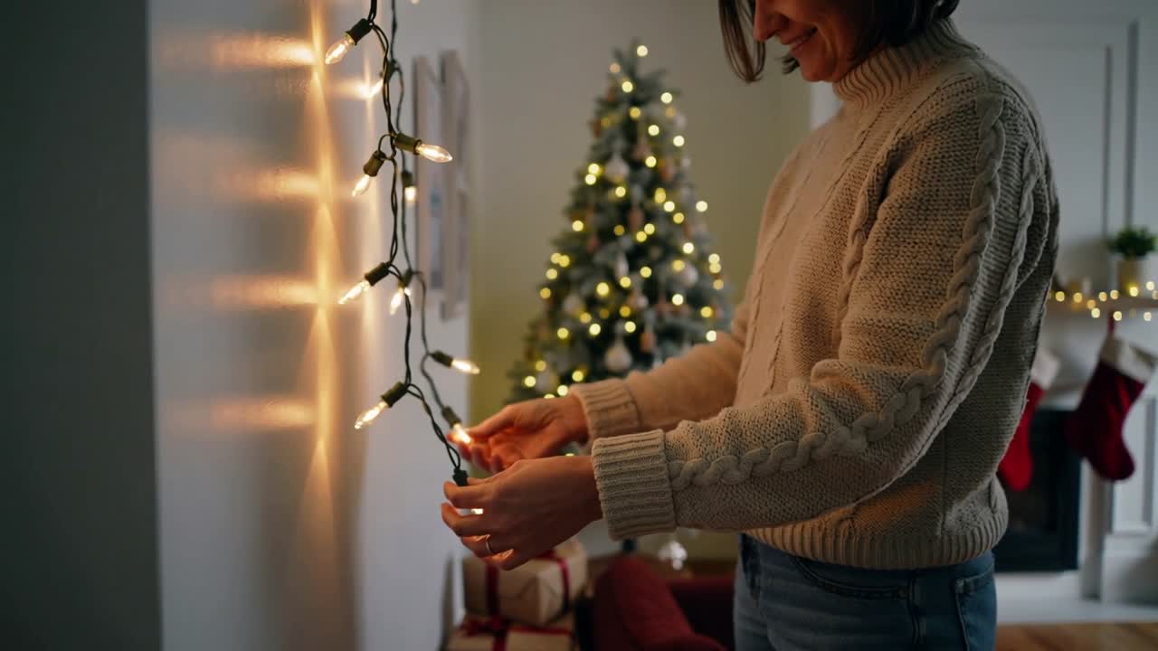Donna con maglione a trecce e jeans che sistema luci calde sul muro in salotto per Natale.
