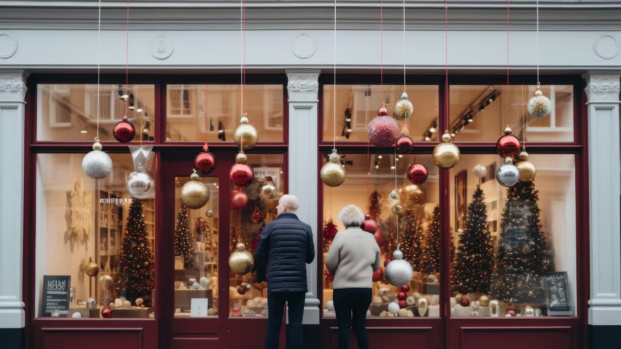 Street-level video shot of a festive store window, adorned with hanging ornaments, capturing a cozy