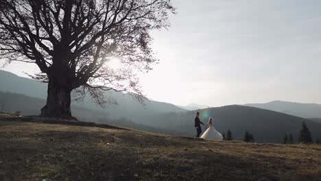 newlyweds. caucasian groom with bride on mountain slope. wedding couple. happy