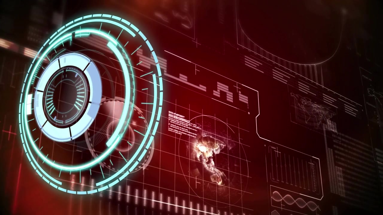 Animation of round scanner over digital interface with data processing against red background