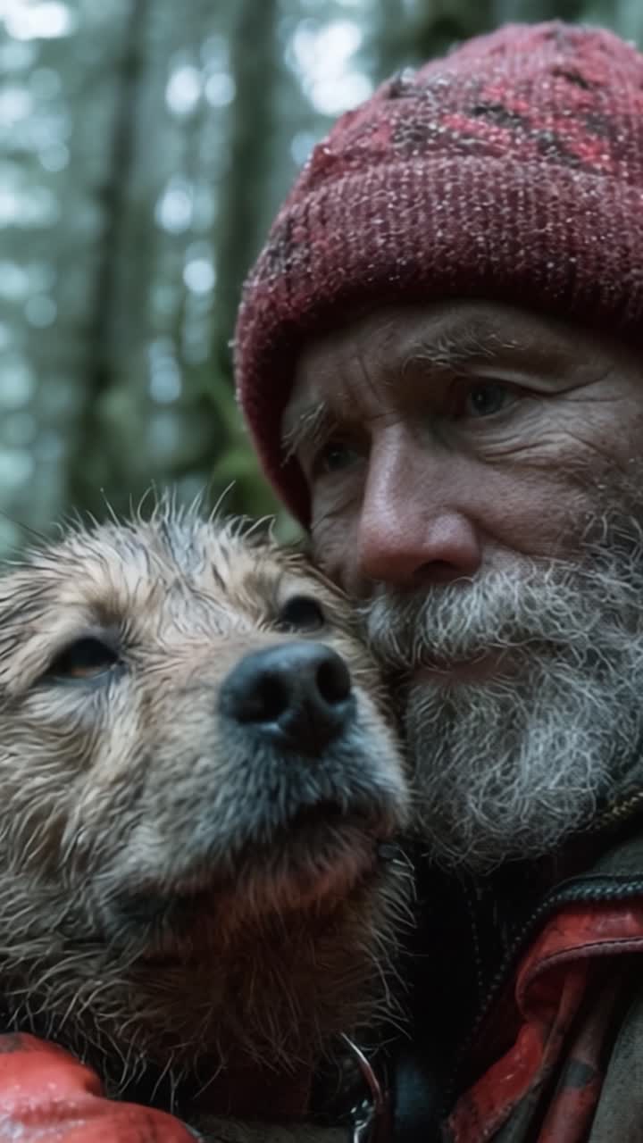 A Tender Moment Between a Weathered Man and His Faithful Dog Amidst the Tranquil Yet Rugged Forest, Capturing Their Deep Bond in the Heart of Nature's Embrace