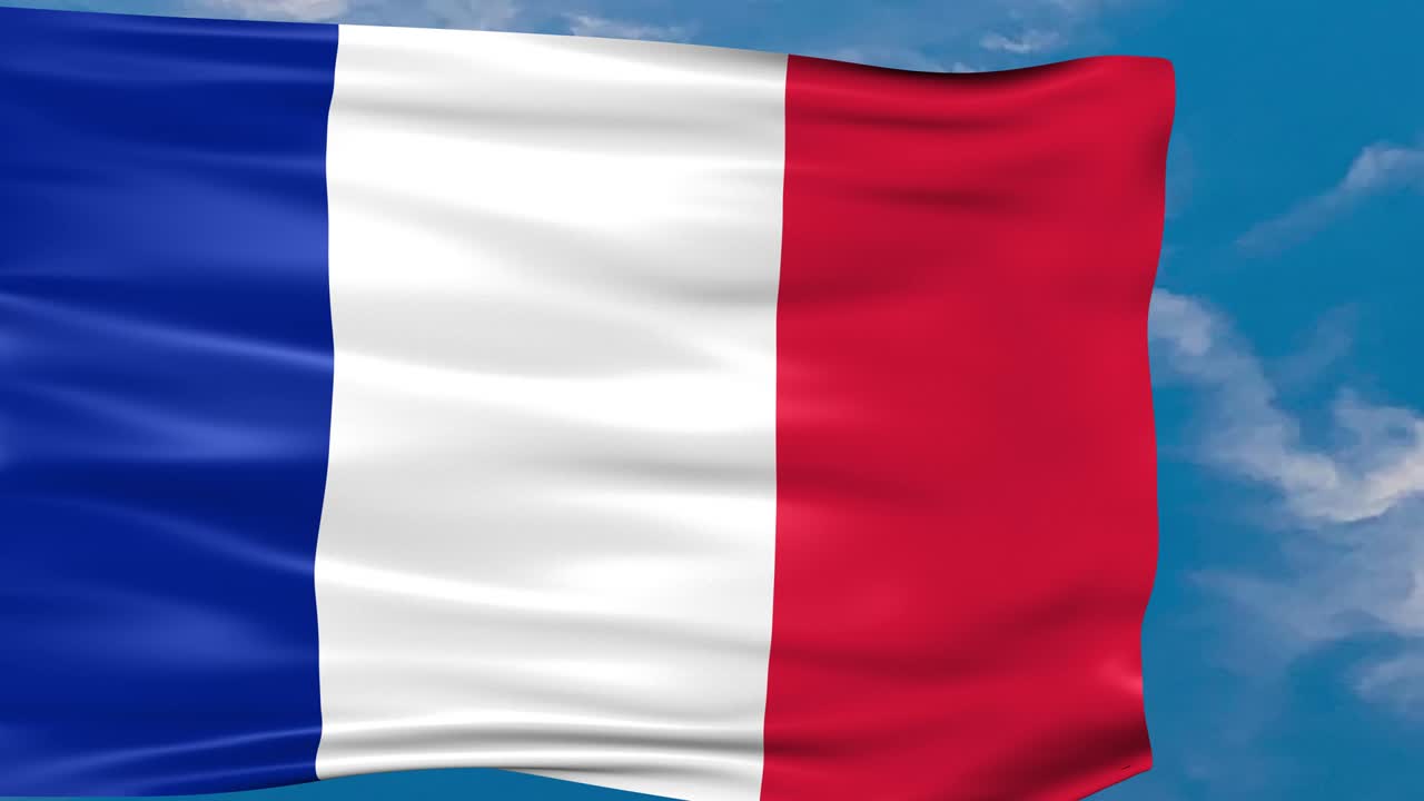 Animación de video de la bandera de Francia ondeando al viento sobre un fondo de cielo azul
