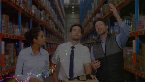 animation of financial graphs and data over diverse female and male warehouse workers