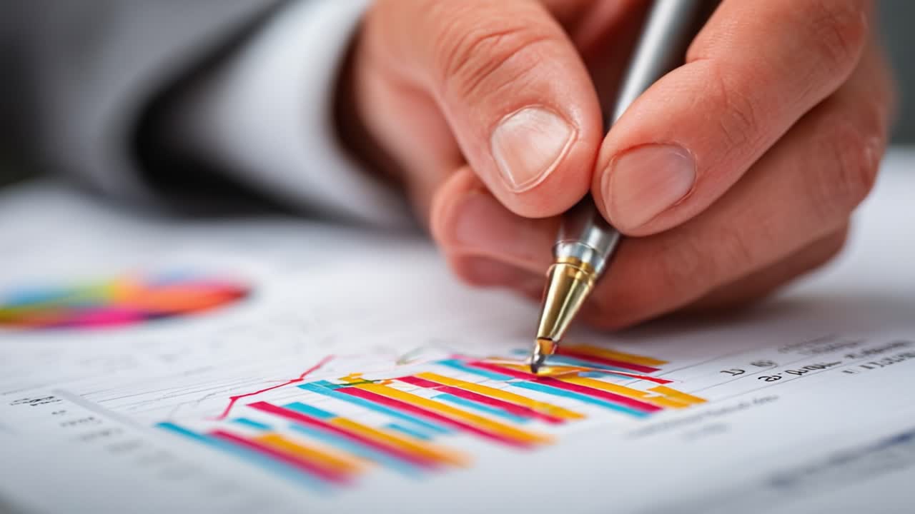 Analyzing Financial Trends: A Close-Up on Data Visualization and Performance Metrics with Colorful Graphs and Charts in an Office Setting