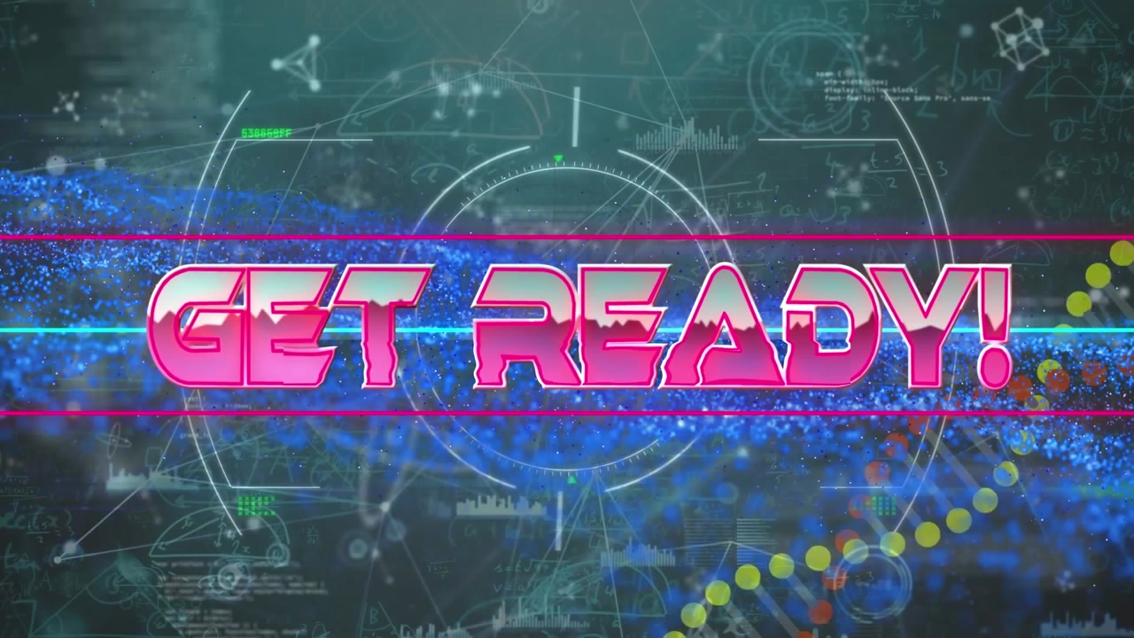 Animation of get ready text over data processing on black background