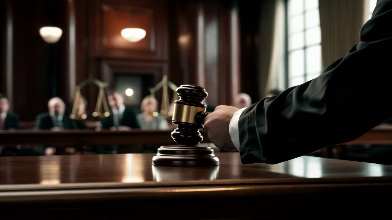 Dramatic courtroom scene with a close-up angle of a judge's hand holding a gavel
