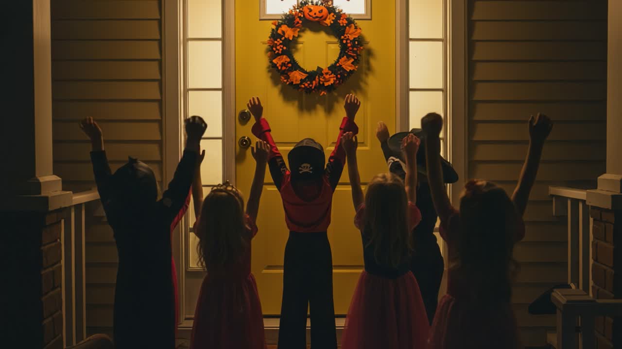 A Joyful Group of Children in Costumes Celebrating Halloween Excitement as They Gather at a Colorfully Decorated Doorway with a Festive Wreath