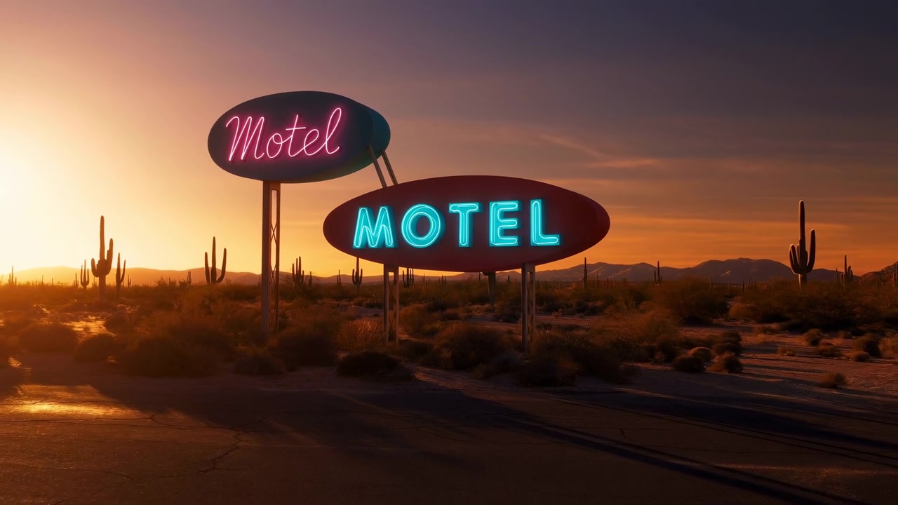 Vue en contre-plongée de deux enseignes de motel néon rétro au bord d'une route désertique abandonnée au coucher du soleil. Une enseigne cyan vif se dresse au premier plan sur de courts poteaux tandis qu'une