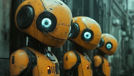 a group of yellow robots standing next to each other