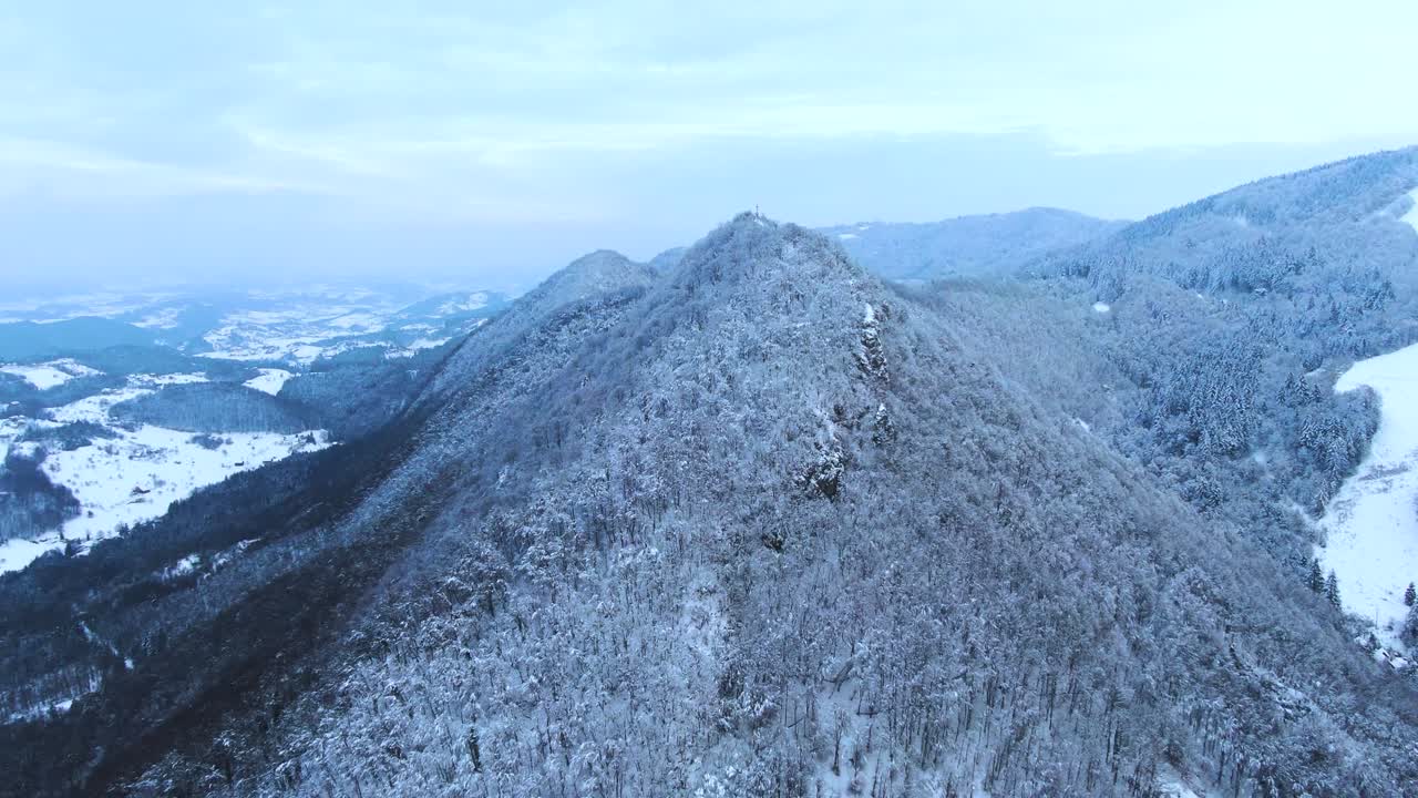 Aerial drone forward moving clip of the mountainous areaof Celje in Slovenia