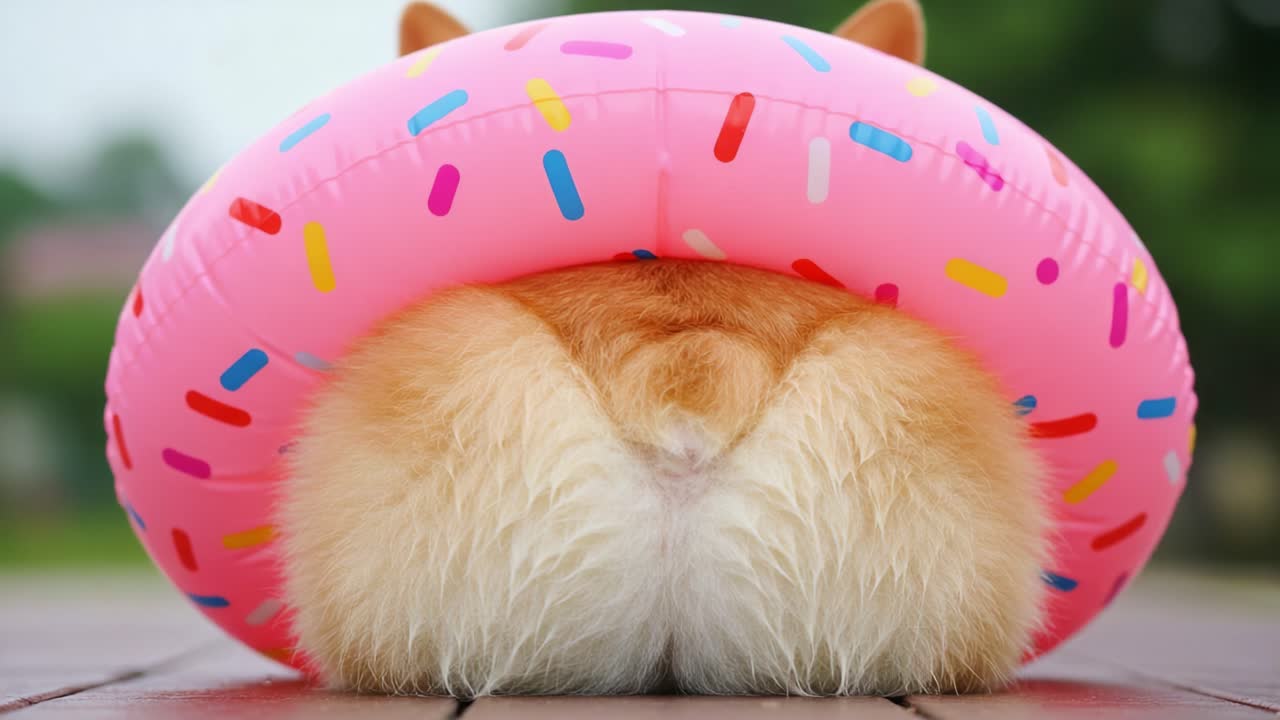 Adorable Dog with a Playful Pink Donut Pool Float Enjoying a Relaxing Day Outdoors in Nature, Showcasing Its Fluffy Tail and Cheerful Vibe