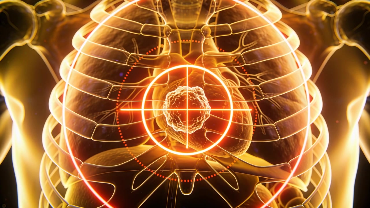 Target appearing, overlay aligning red rings cross over thorax mass in med animation to aim therapy