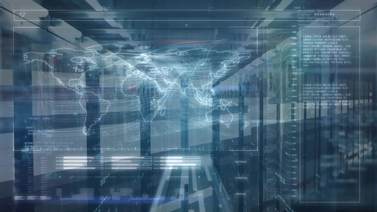 Animation of world map and data processing over server room