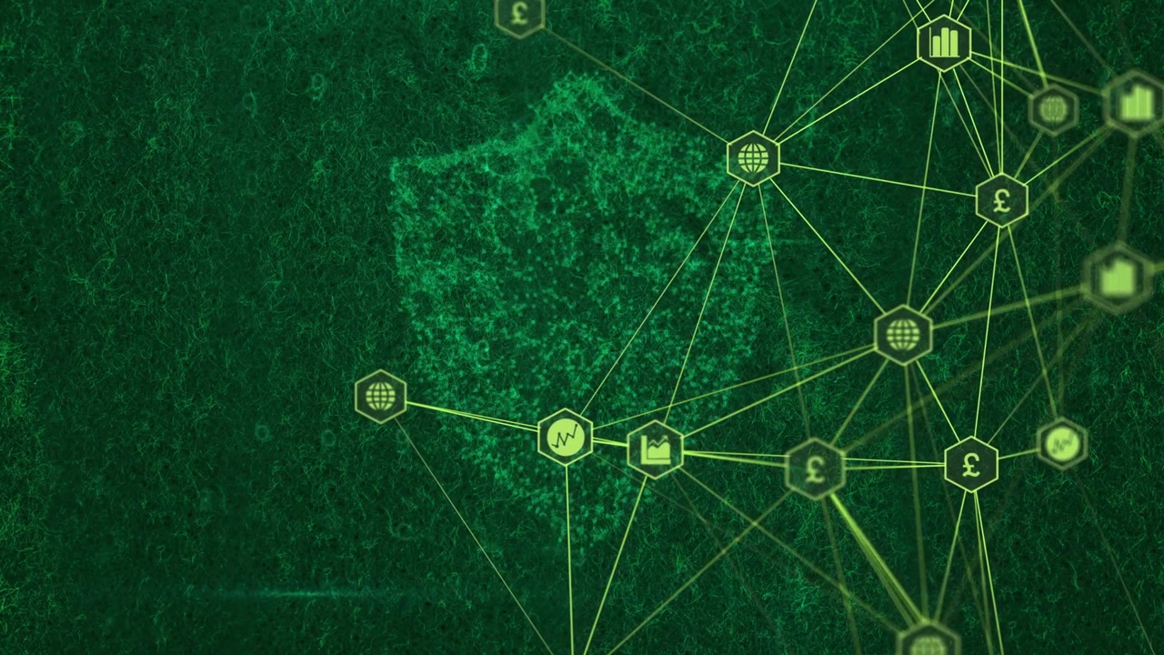 Scanning forming dot-shield as right-nodes pulsing, revealing globe,factory,chart,$ for tech