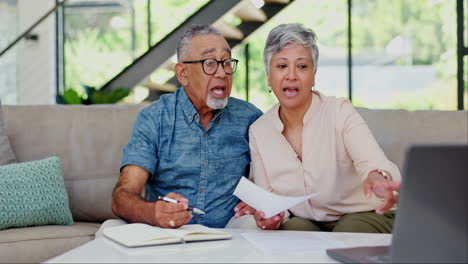 paperwork, laptop or senior happy couple talk