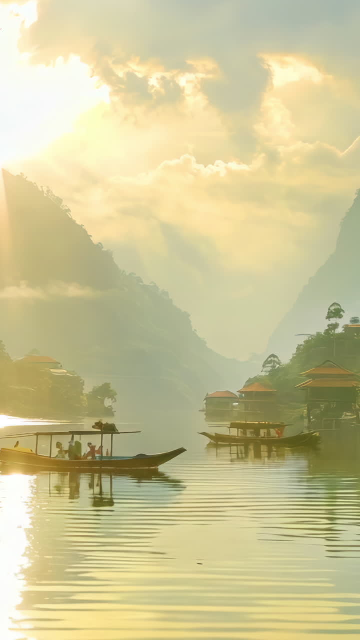 Tranquil River Scene With Wooden Boats in Serene Mountain Landscape. Explore a peaceful river surrounded by majestic mountains and traditional wooden boats