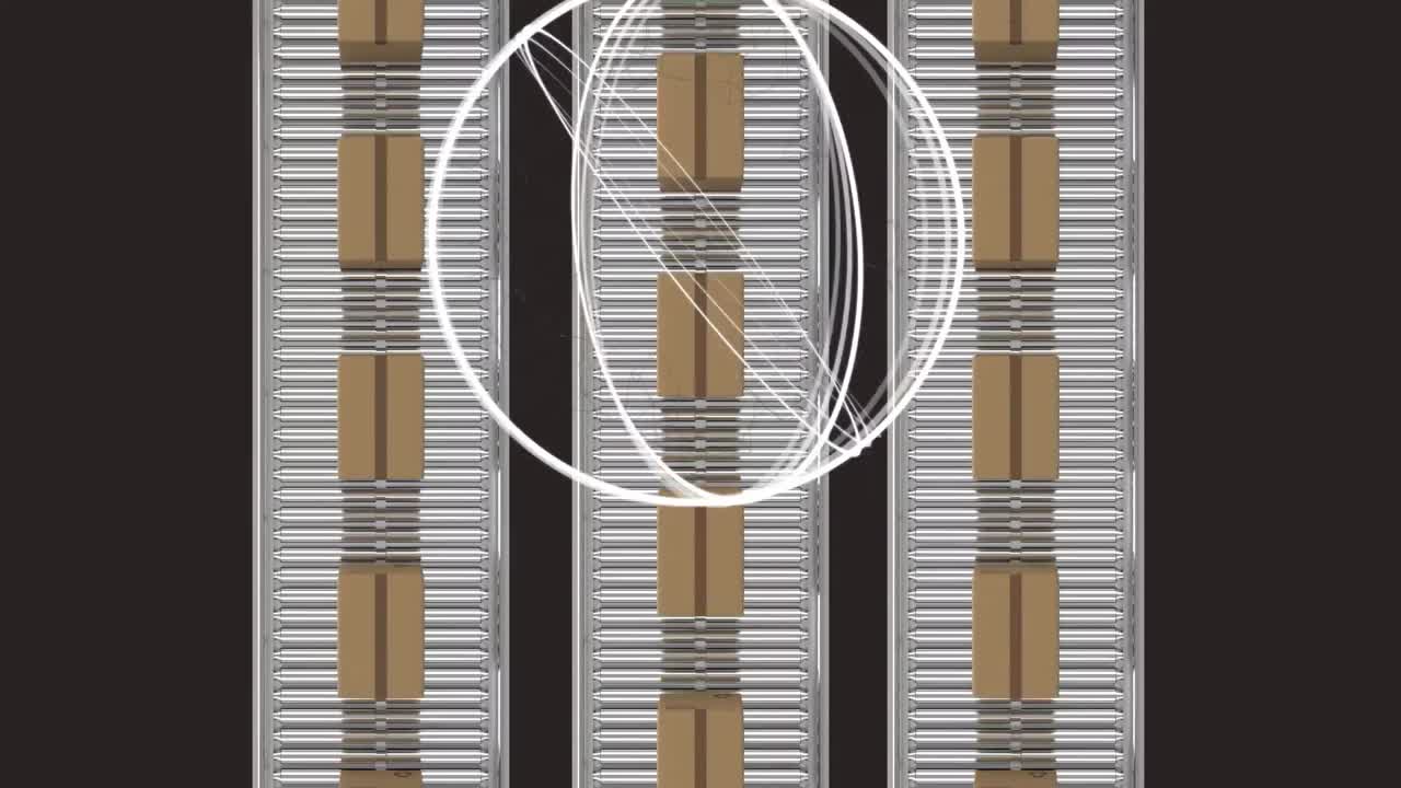 Animation of scope scanning over cardboard boxes moving on conveyor belts