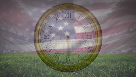 animación del reloj y la bandera de américa sobre vista de ángulo bajo de la hierba y el estadio vacío