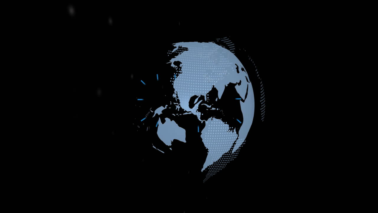 Stylized globe floating with halftone dots against black space, neon shapes orbiting around globe