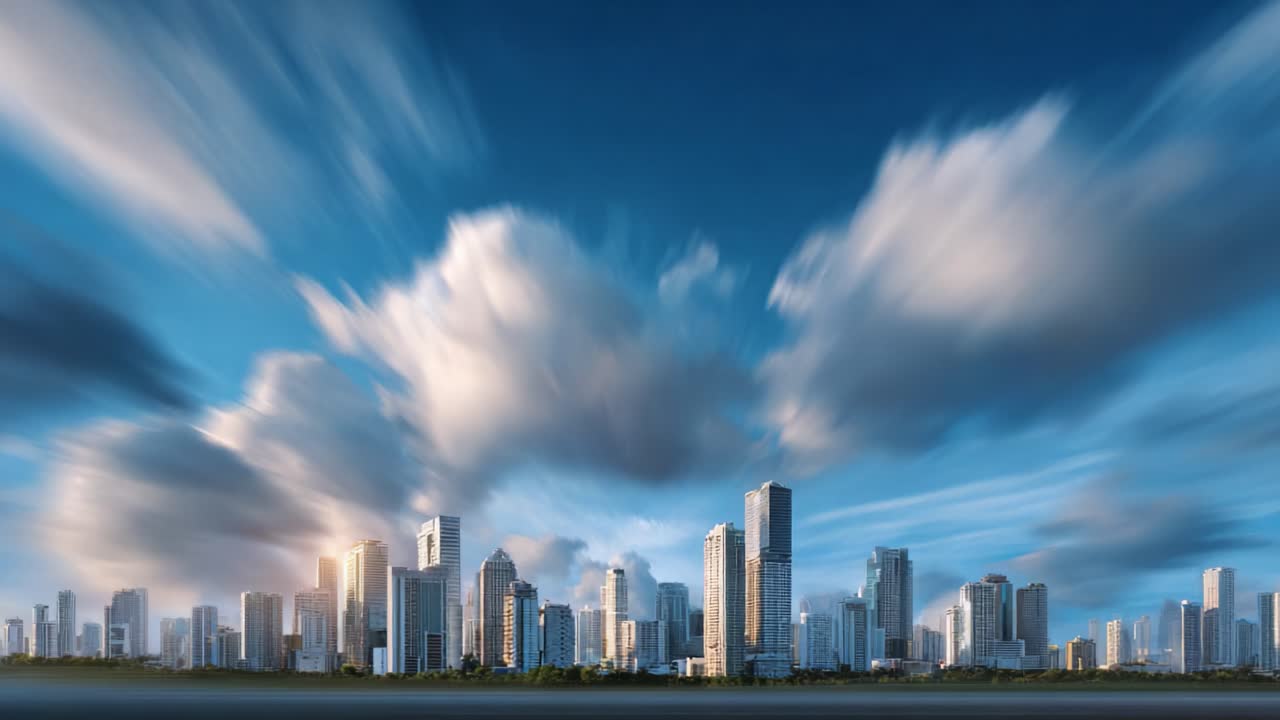 Dramatic Skyline Transformation at Dusk: Brilliant Clouds and Urban Architecture Contrast in a Modern Cityscape