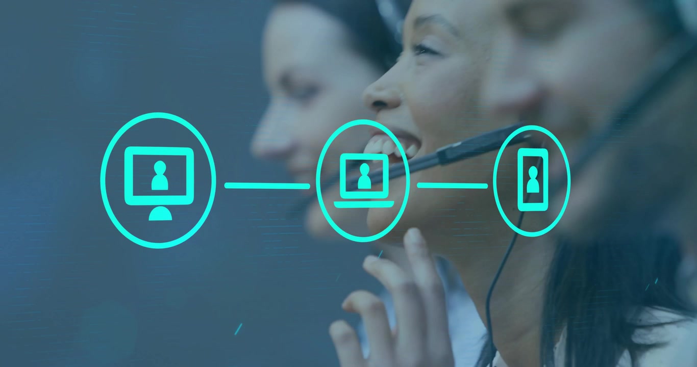 Animation of network of digital icons over diverse businesspeople in office