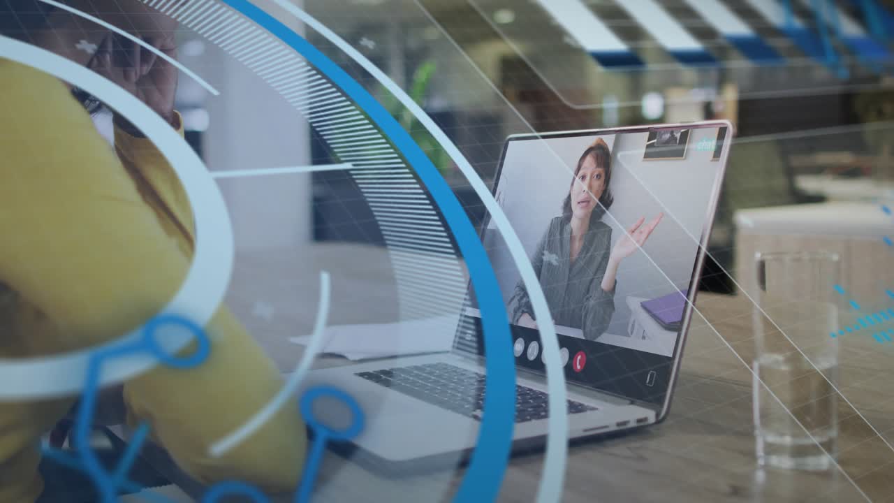 Woman in business call watching laptop guest gesturing causing blue HUD rings showing data