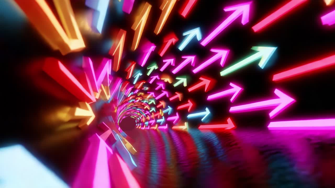 Dynamic Motion Through a Colorful Neon Tunnel with Vivid Arrows Illustrating a Sense of Speed and Direction, Captivating Visuals in a Striking Pattern of Light and Color