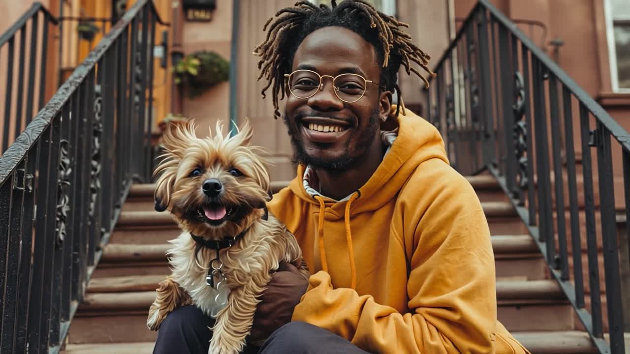 Homem e Cachorro Felizes Sentados em Escadas Externas