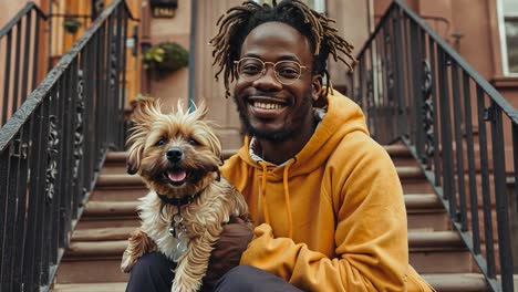 happy man and dog sitting on outdoor stairs