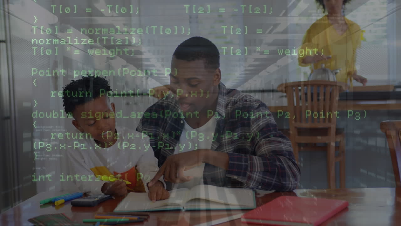 animación del procesamiento de datos sobre padre y hijo afroamericanos aprendiendo juntos