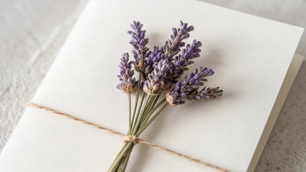 Trækker kameraet tilbage og afslører tørret lavendel bundet med snor på et blegt bord og et foldet kort