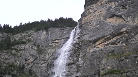 giant waterfall with pine trees on the top over the rocks falling down on a bright day in lauterbrunnen in switzerland. slowmo shot.