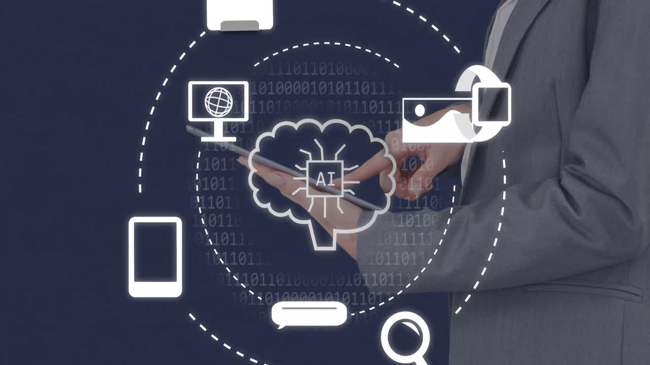 태블릿을 사용하는 백인 사업가 여성에 대한 ai 데이터 처리 및 아이콘의 애니메이션