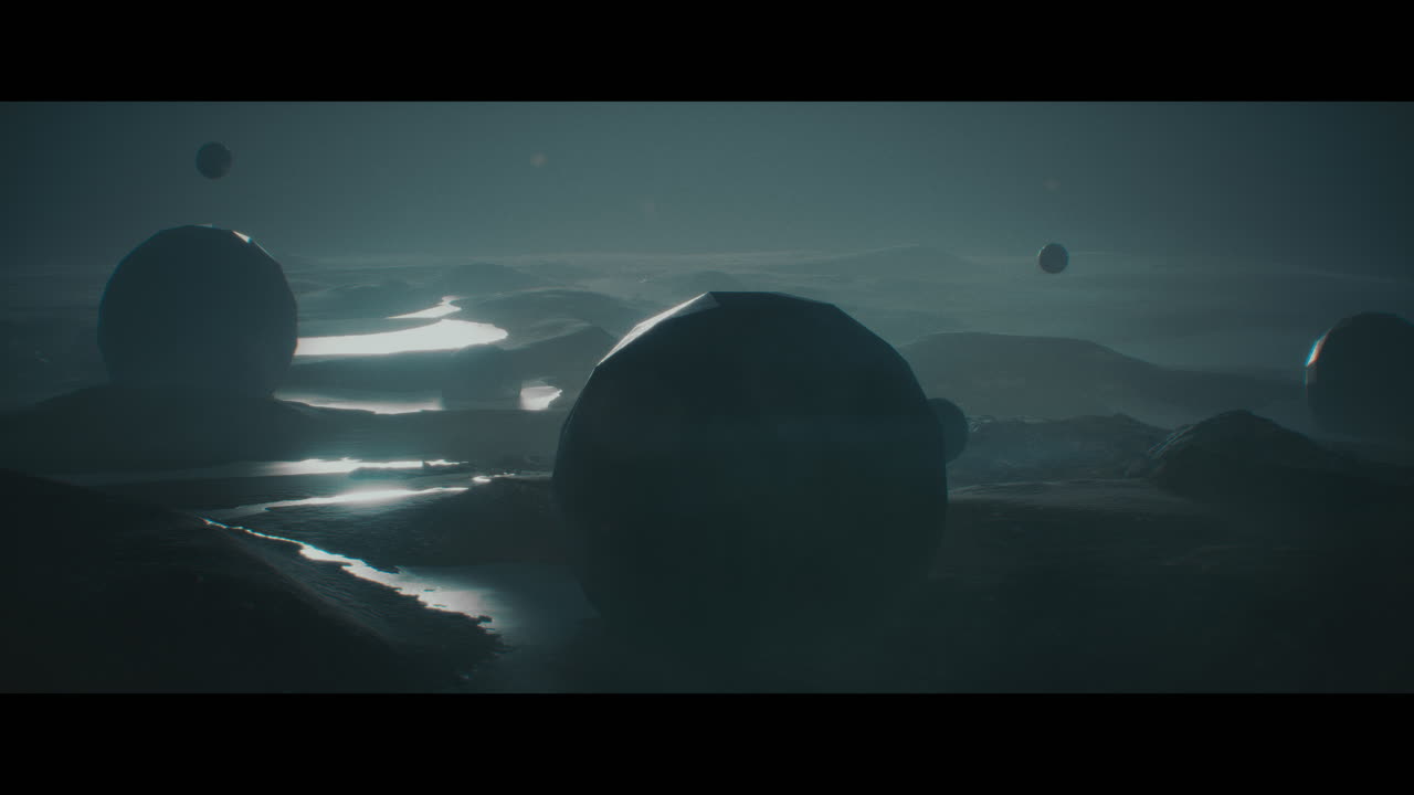 Alien planet desert landscape at night with strange sphere-shaped buildings