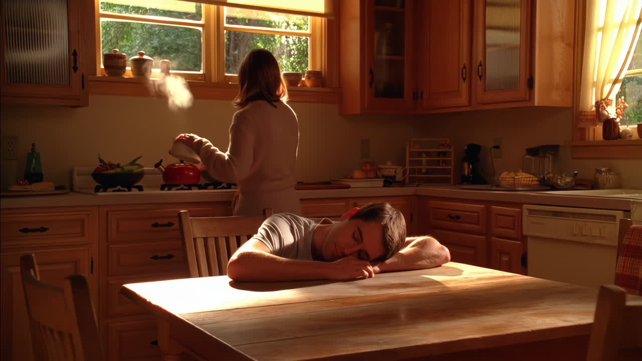 A serene morning in the kitchen with a man resting at the table while a woman cooks