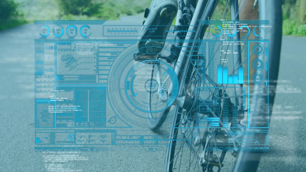 Animazione di elaborazione di statistiche e dati finanziari su una donna in bicicletta