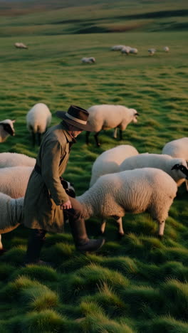 shepherd guiding sheep in a field at sunrise