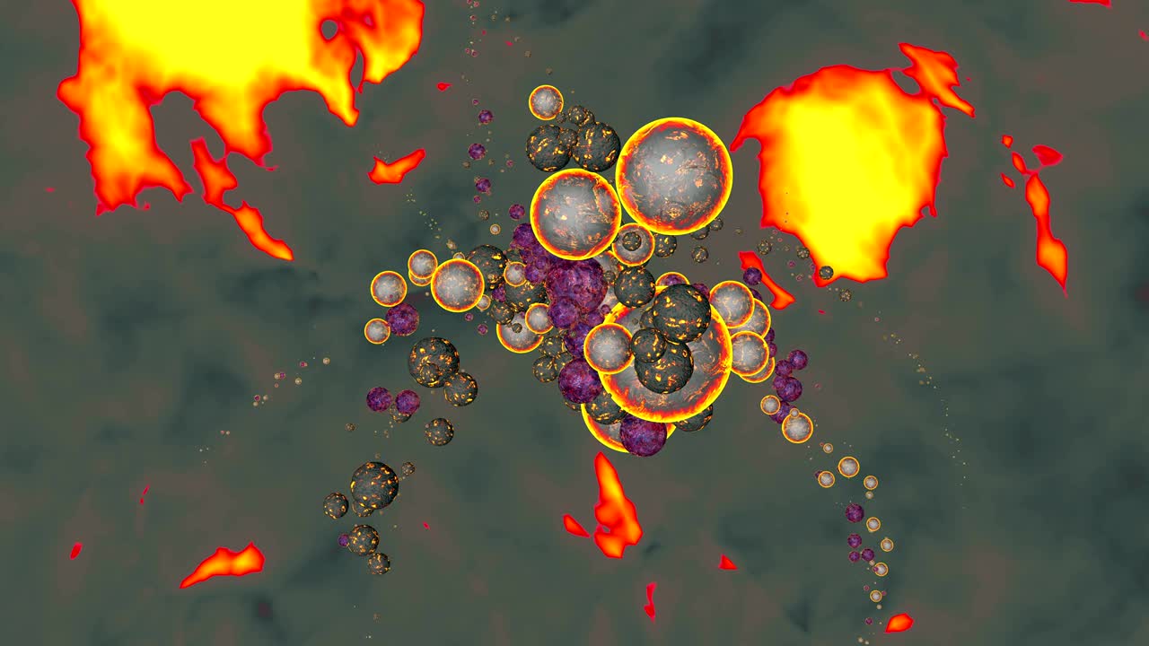 배경에는 불의 거품과 용암의 뒷문이 있습니다.