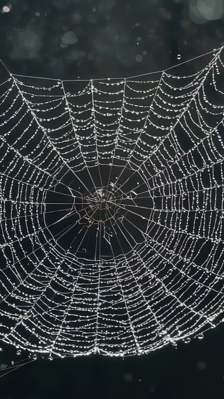 Vertikales Video: Schwankendes Radnetz mit an Spiralen herabgleitenden Tropfen durch eine Brise im Garten, Spinnennetz-Mittelpunkt