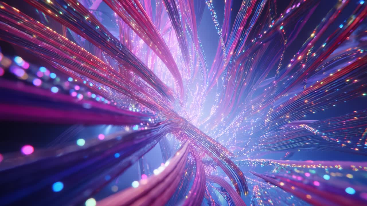 A mesmerizing visual journey through an intricate web of colorful strands, pulsating with lights and vibrant hues, creating a dynamic and captivating digital landscape
