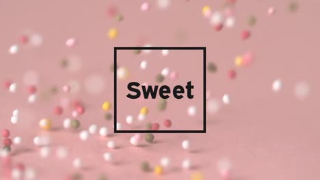 Animation-of-sweet-text-over-colorful-sprinkles-on-pink-background