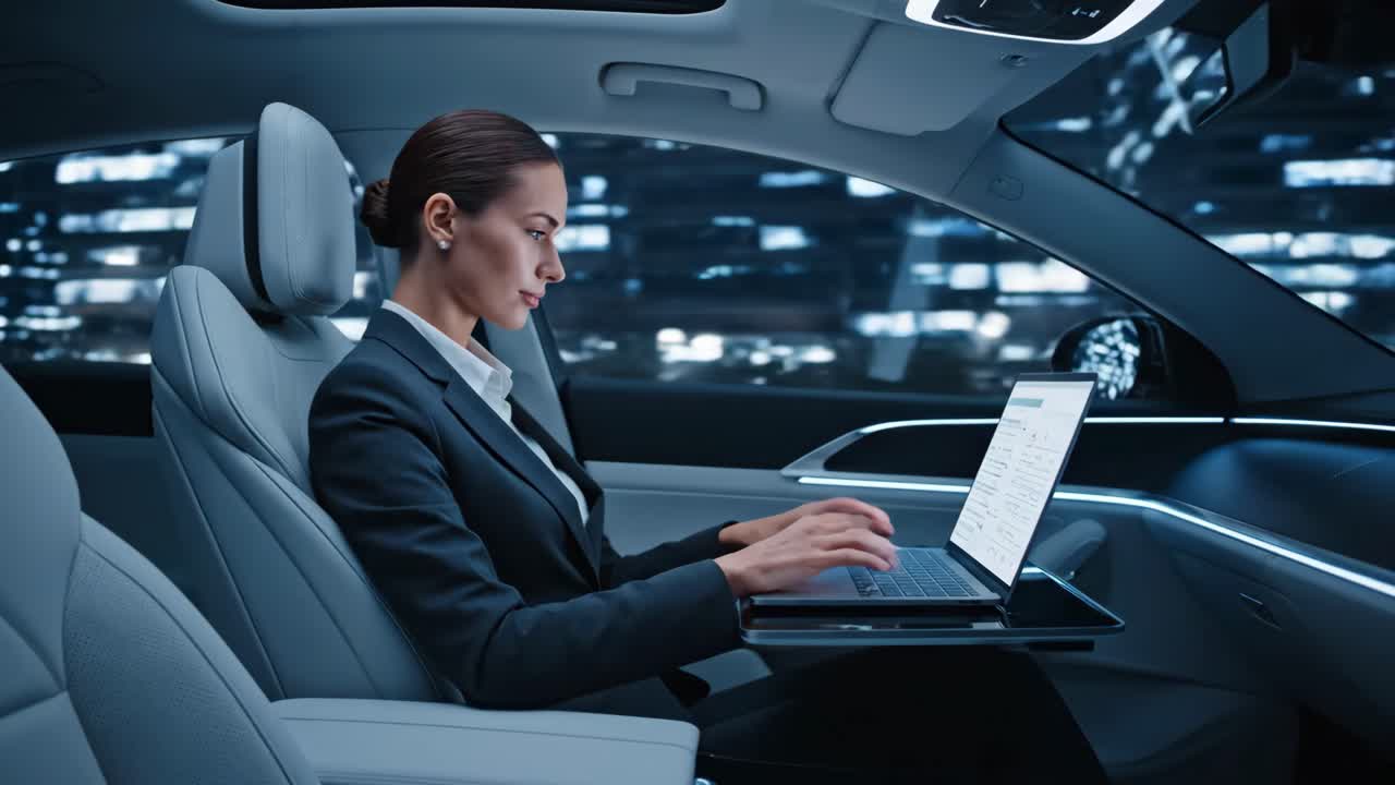 Businesswoman working in autonomous vehicle at night