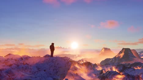 epic adventure composite of man hiker on top of a rocky mountain. dramatic sunset sky. 3d rendering peak. freedom concept. animation